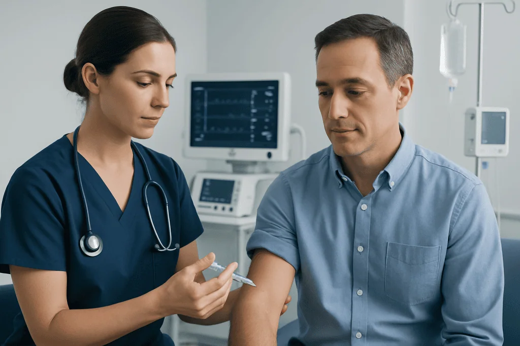 Healthcare professional administering a vaccine to a patient in a clinical setting.