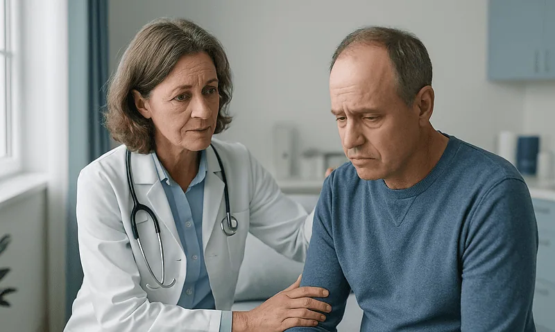 Doctor consulting with a male patient in a medical office.