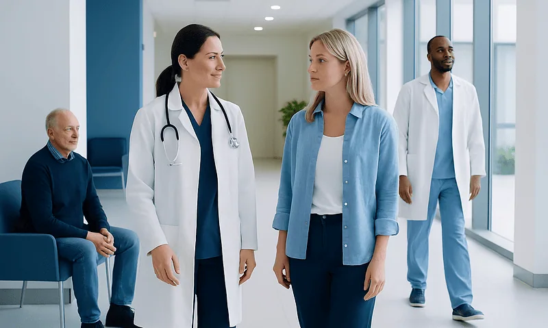 Medical team consulting with patient in hospital corridor.