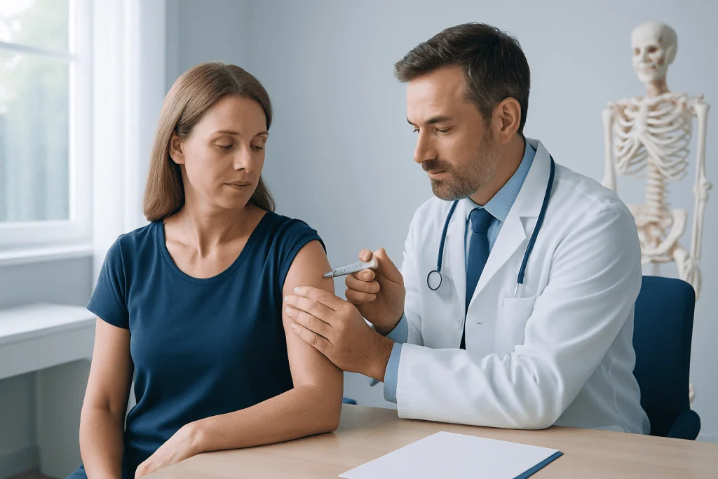 Doctor administering a cortisone shot to a woman's shoulder in a medical clinic.