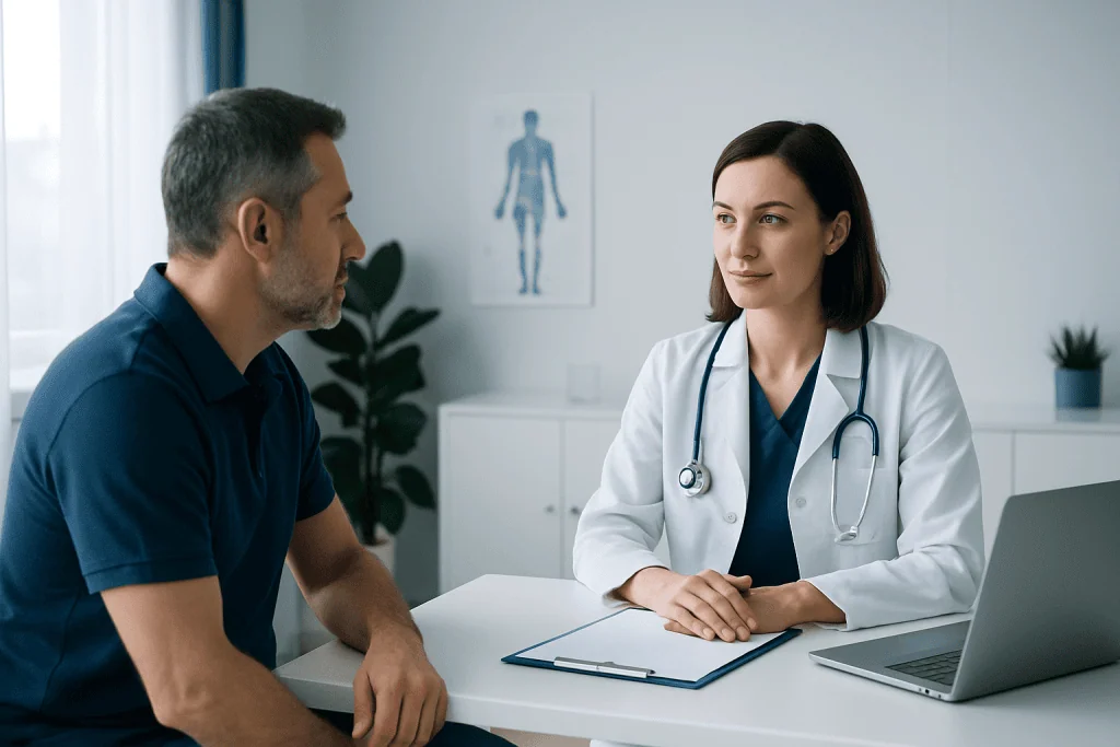 Doctor consulting with a patient in a modern medical office setting.