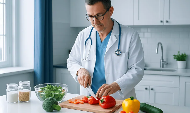 Doctor preparing fresh vegetables in a modern kitchen for healthy eating.