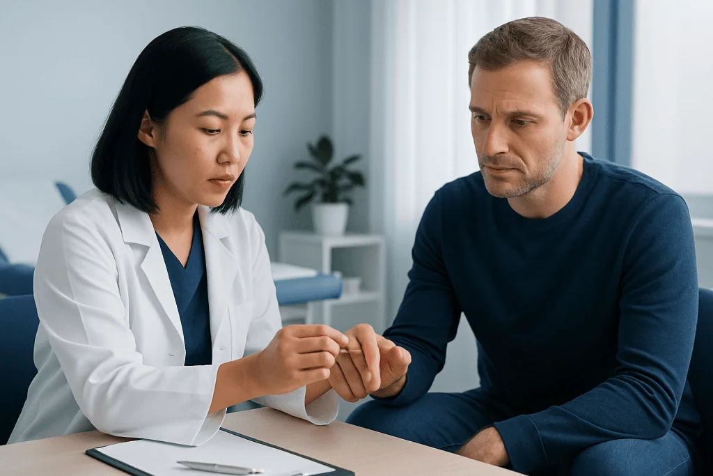Doctor examining a patient's finger for a pimple or skin issue.