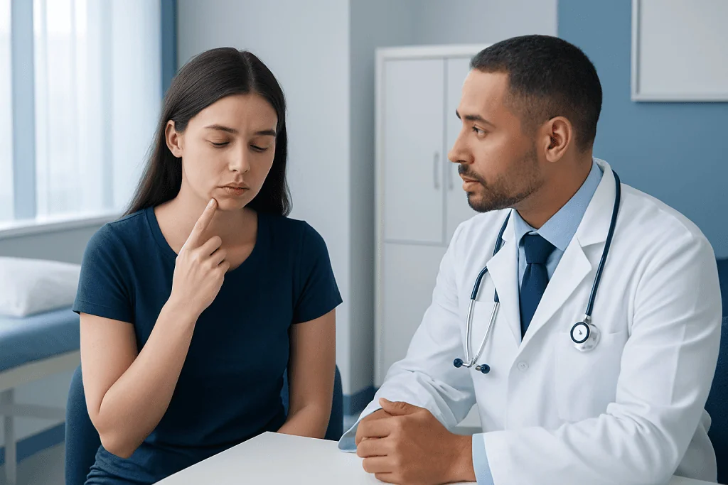 Young woman consulting with a doctor about a chin pimple.