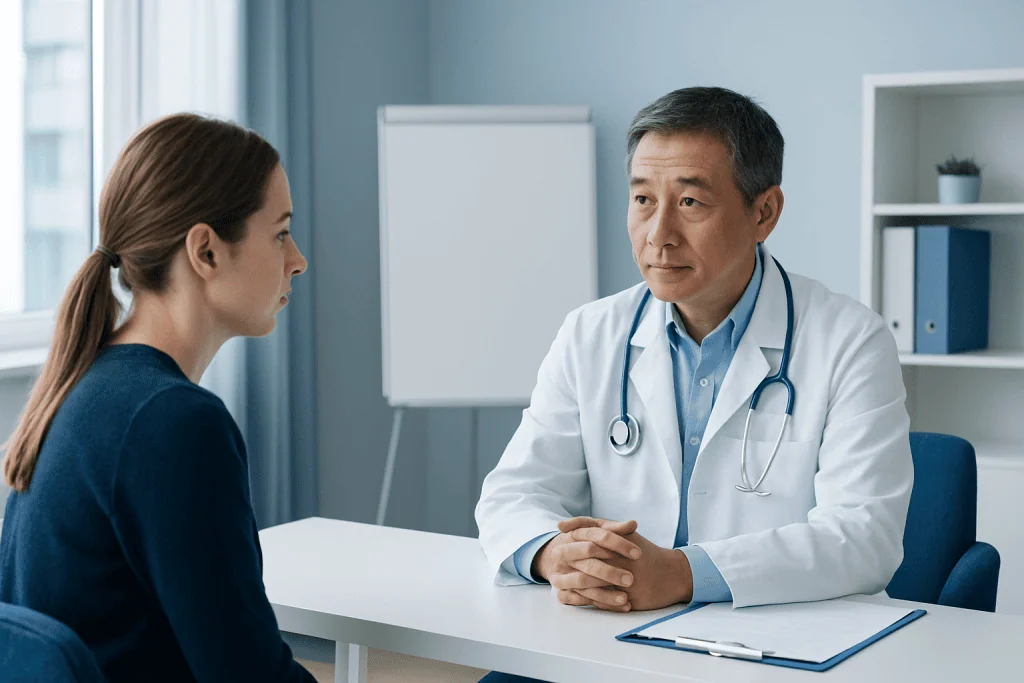 Doctor consulting with a patient in a modern medical office.
