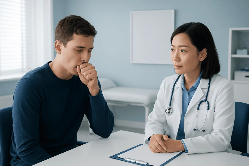 Young man consulting with a doctor about hiccups after eating.