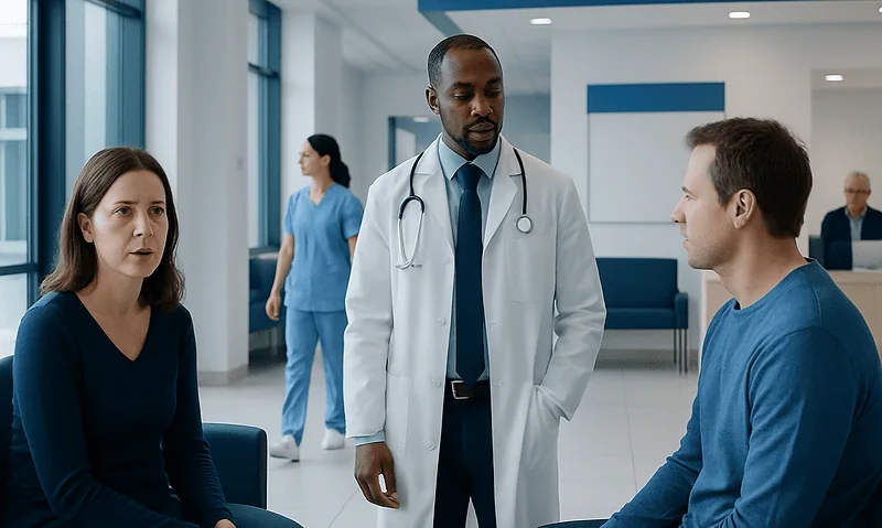 Doctor consulting with two patients in a hospital lobby.