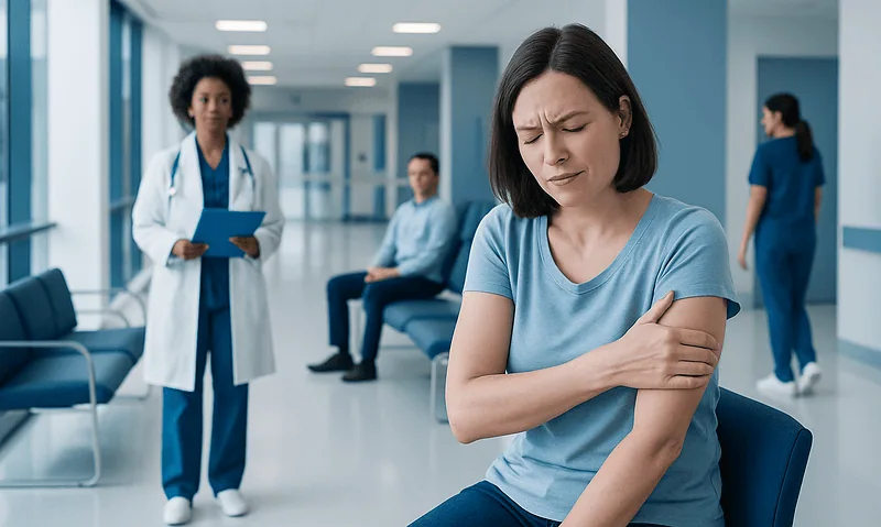 Patient experiencing arm pain at a hospital after Covid vaccination.