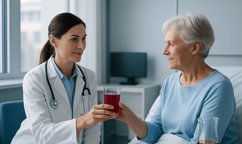 Doctor giving cranberry juice to elderly patient in hospital setting.
