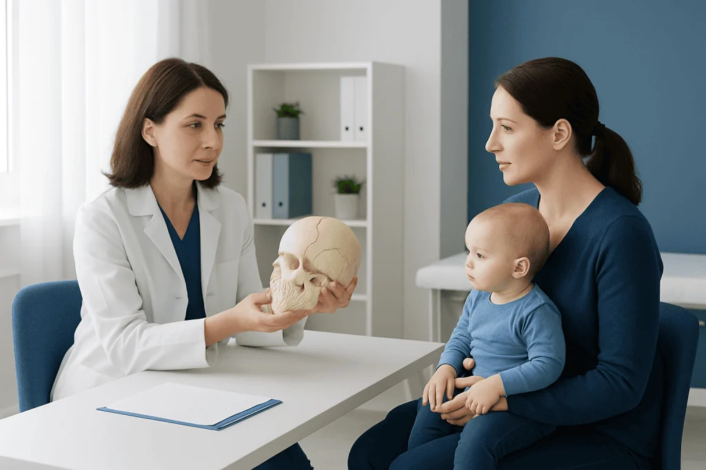 Doctor explaining skull anatomy to mother and child in a consultation room.