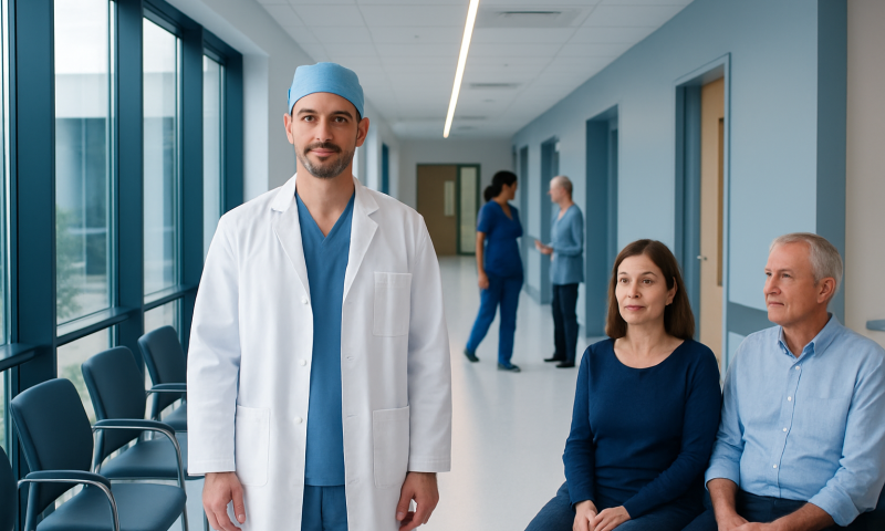 Doctor with patients in hospital corridor at Acibadem Hospitals Group.