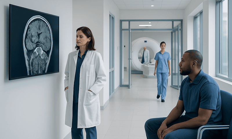 Craniopharyngioma MRI: Preparation, Procedure and Results 14 Doctor explaining brain MRI scan to patient in hospital corridor.