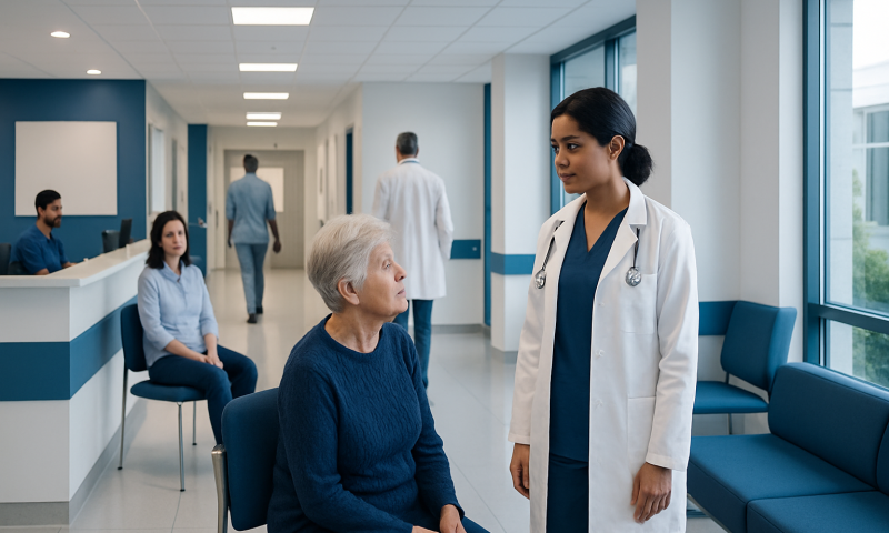 Doctor consulting elderly patient in hospital corridor.