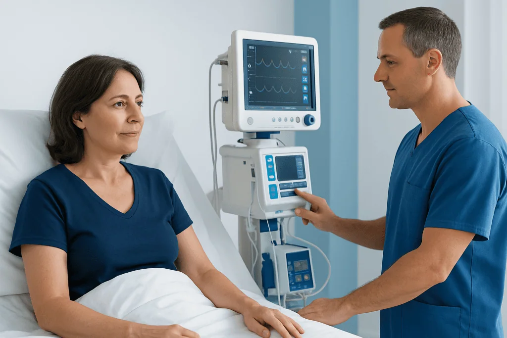 Medical professional monitoring patient with heart rate monitor in hospital.