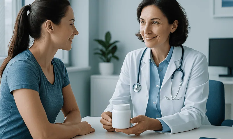 Doctor consulting with a woman patient about supplement use in a clinic.