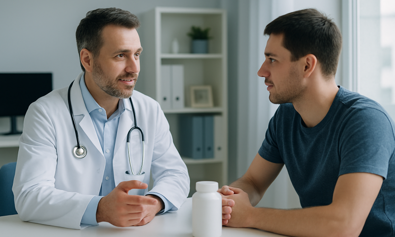 Doctor consulting with a young male patient in a medical office.