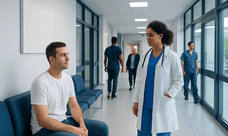Patient consulting with a healthcare professional in a hospital corridor.