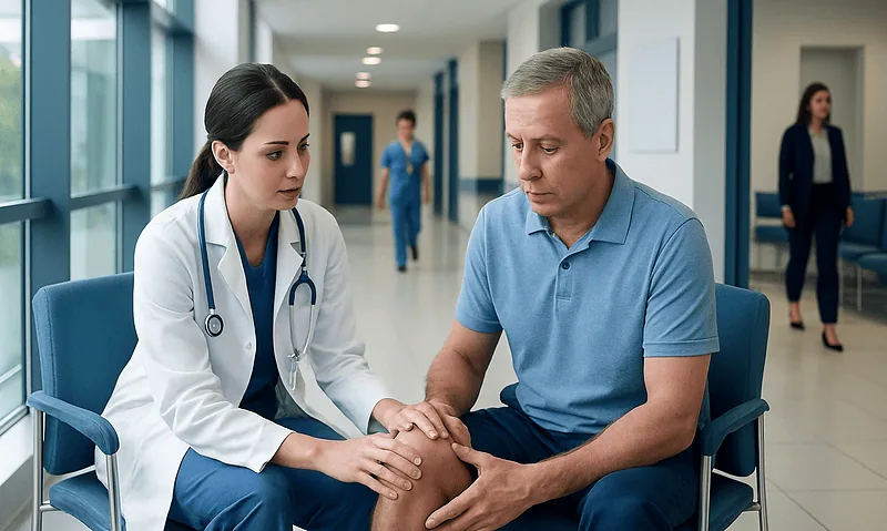Doctor examining patient's knee in a hospital corridor.