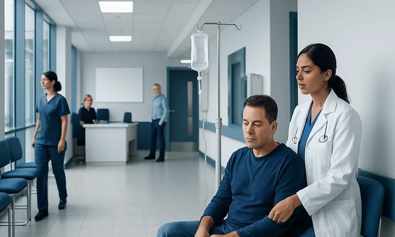 Doctor examining patient in hospital corridor with medical staff in background.