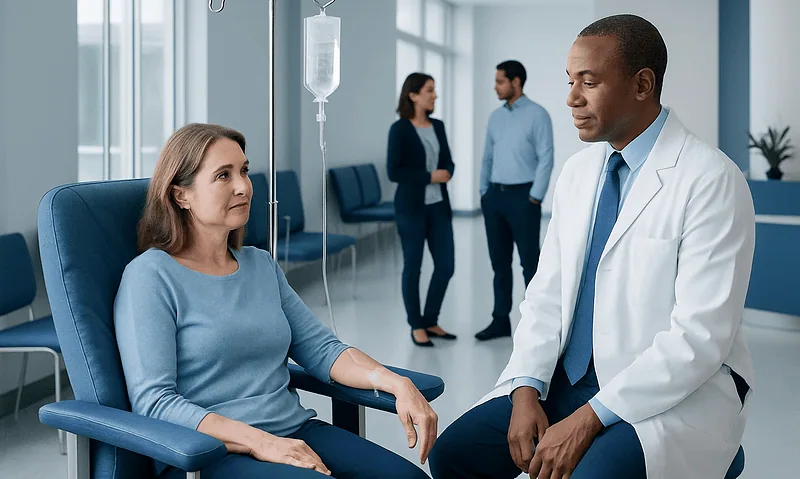 Patient receiving infusion therapy in a hospital setting.