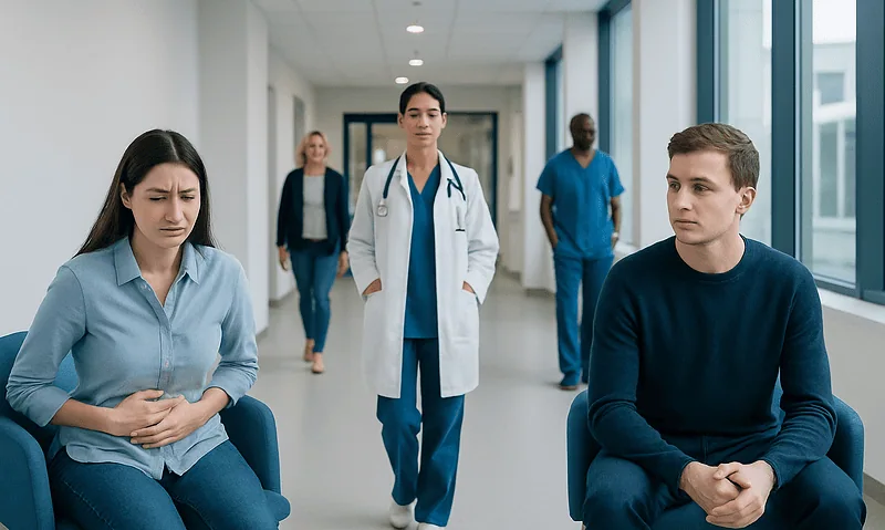 Patients experiencing discomfort in a hospital corridor with medical staff nearby.
