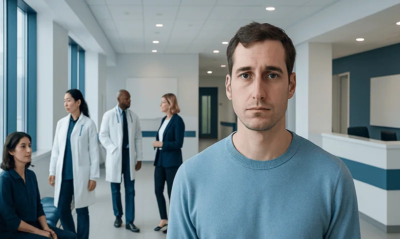 Young man with a worried expression in a hospital waiting area.