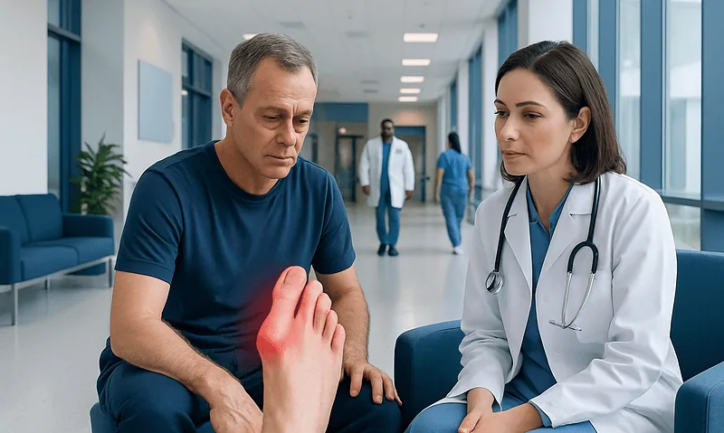 Doctor examining patient's foot for gout or toe deformity in hospital corridor.