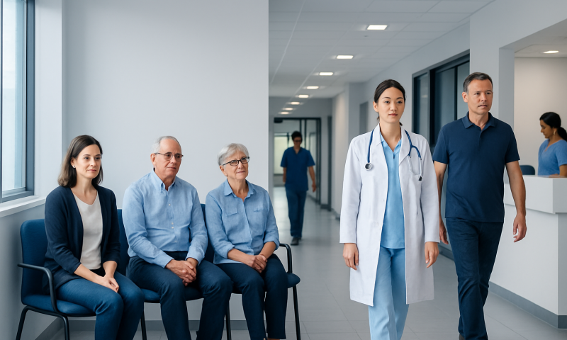 Patients waiting in a hospital corridor with medical staff nearby.