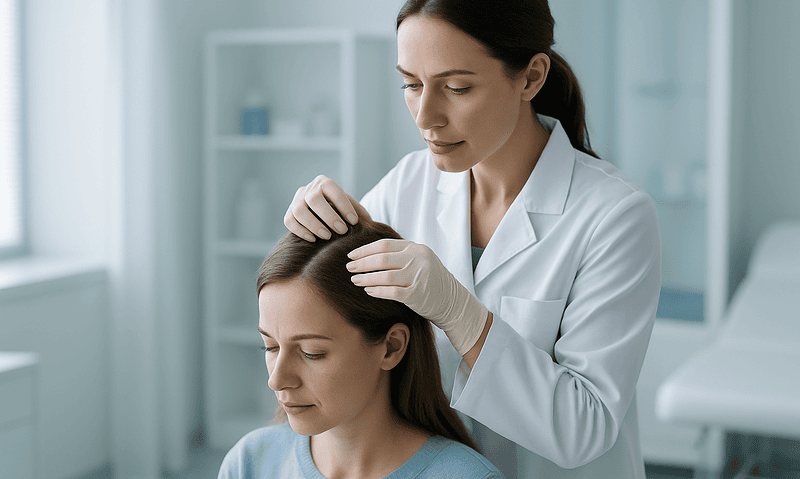 Medical professional performing a hair examination on a patient.