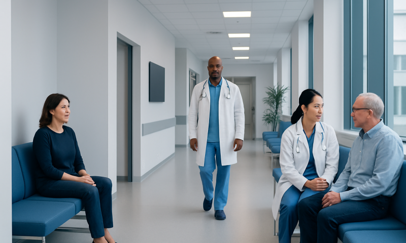 Medical consultation in a hospital corridor with doctors and patients.