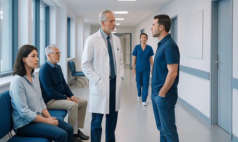 Doctor consulting with patients in a hospital corridor.