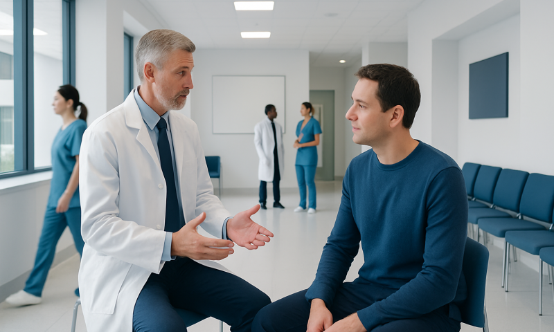 Doctor consulting with a patient in a hospital corridor.