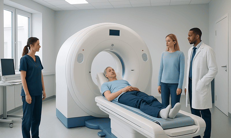 Patient undergoing a CT scan in a modern medical facility with medical staff present.