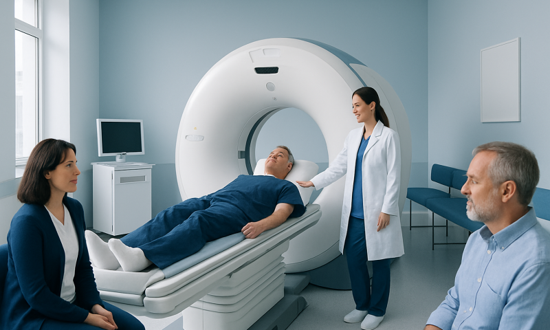 Patient undergoing a CT scan for adrenal glands at a hospital.