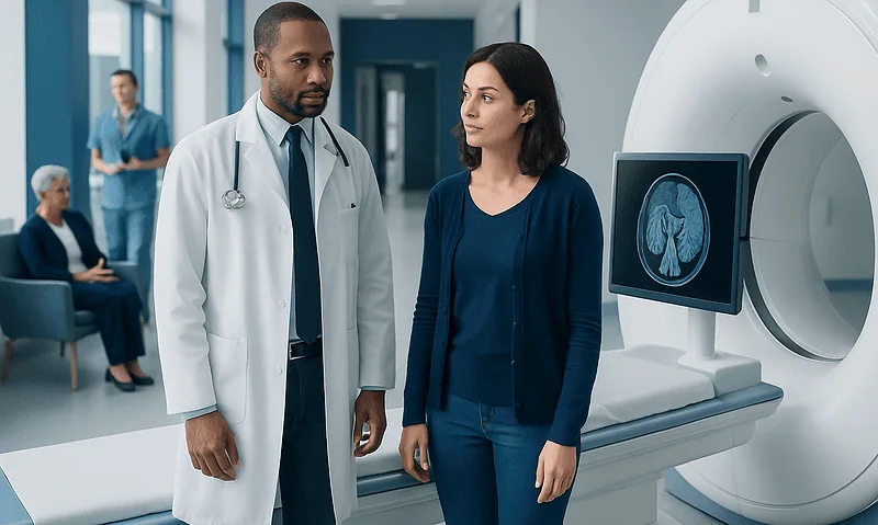 CT Scan Kidney Cancer: Preparation, Procedure and Results 5 Doctor and patient discussing CT scan results in hospital.