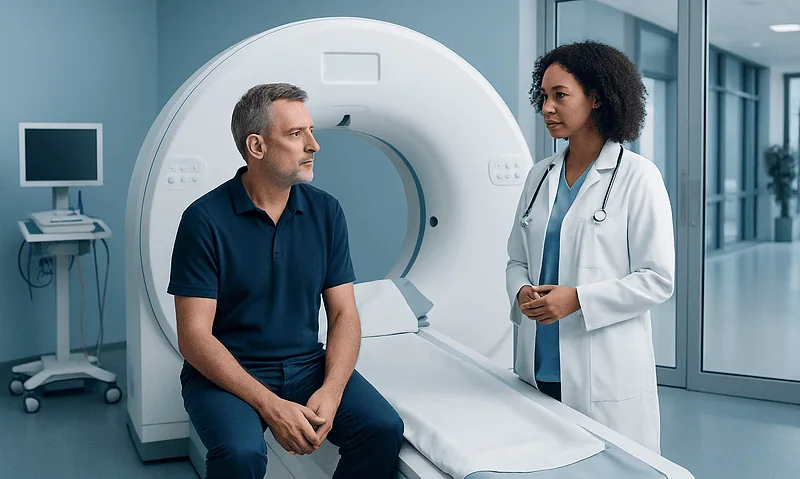 Patient and doctor discussing CT scan in hospital setting.