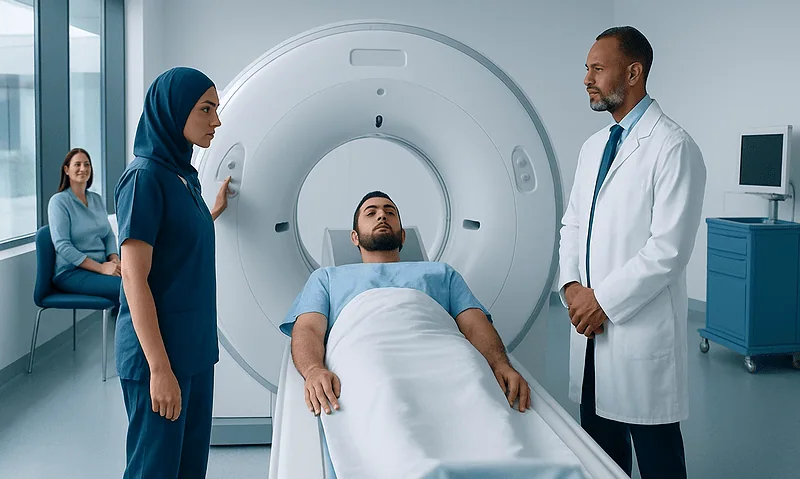 Patient undergoing a CT scan in a modern hospital setting with medical staff present.