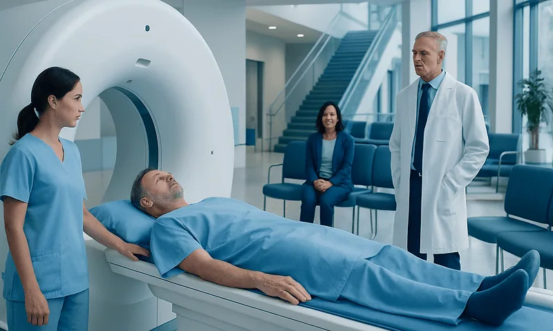 Patient undergoing CT scan in a modern hospital setting with medical staff present.