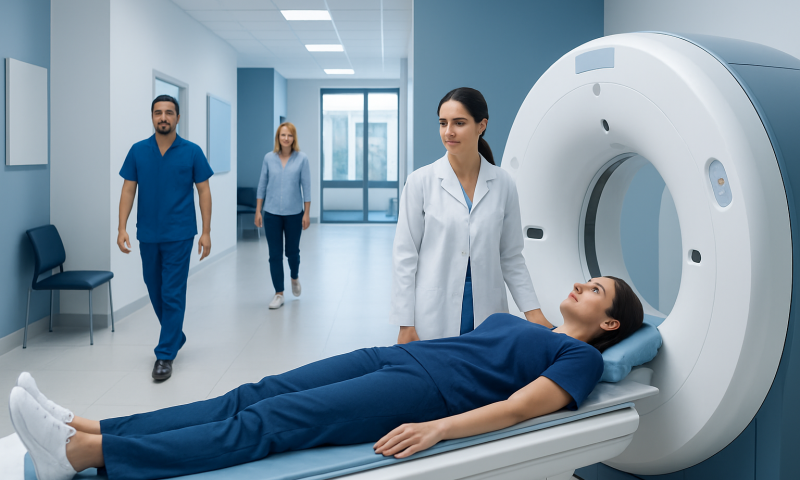 Patient undergoing a CT scan in a modern hospital setting with medical staff present.