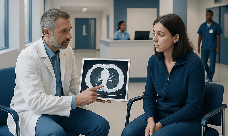 Doctor explaining lung CT scan to patient in hospital setting.