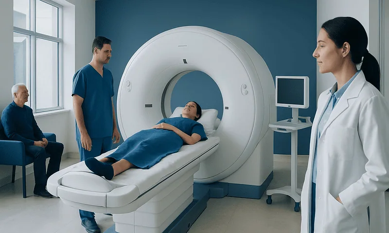 Patient undergoing CT scan in a modern hospital setting with medical staff present.