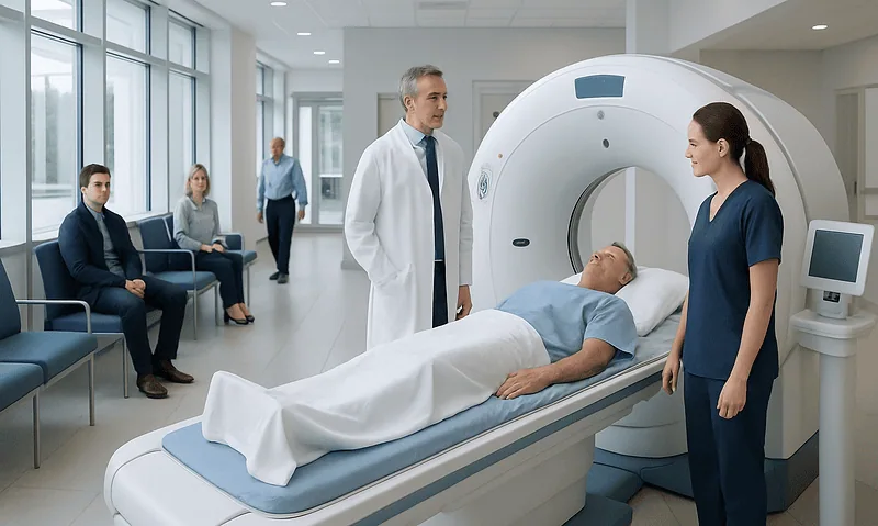 Patient undergoing a CT scan in a modern hospital setting with medical staff present.