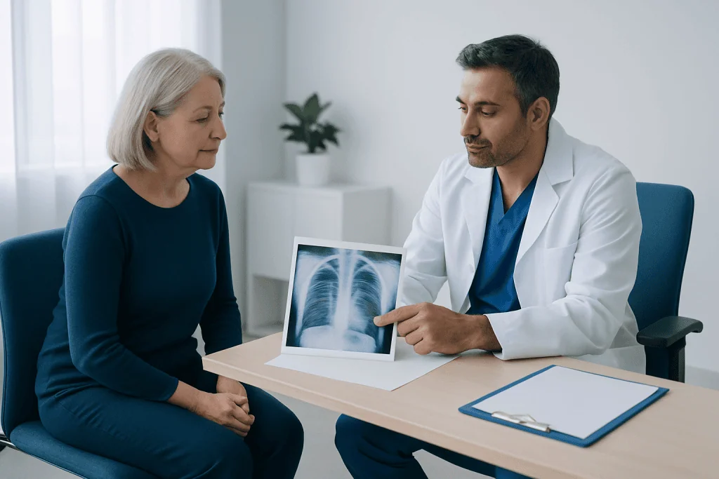 Doctor explaining chest X-ray to an elderly woman in a consultation room.
