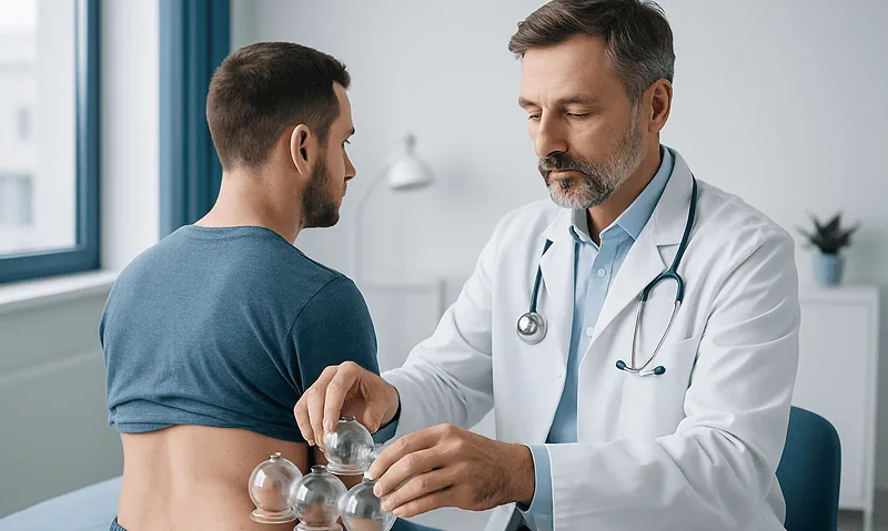 Doctor performing cupping therapy on a patient's back in a clinical setting.