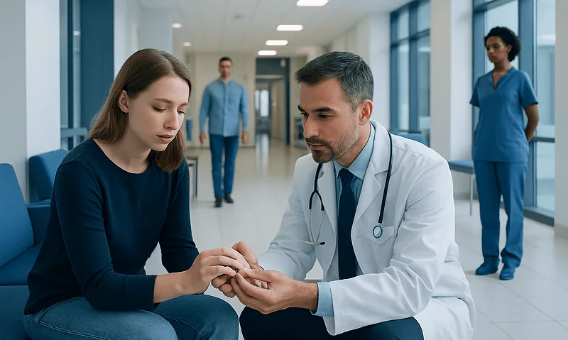 Doctor examining a patient's finger in a hospital corridor.