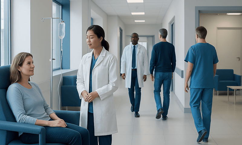 Hospital corridor with medical staff and patient in a healthcare setting.