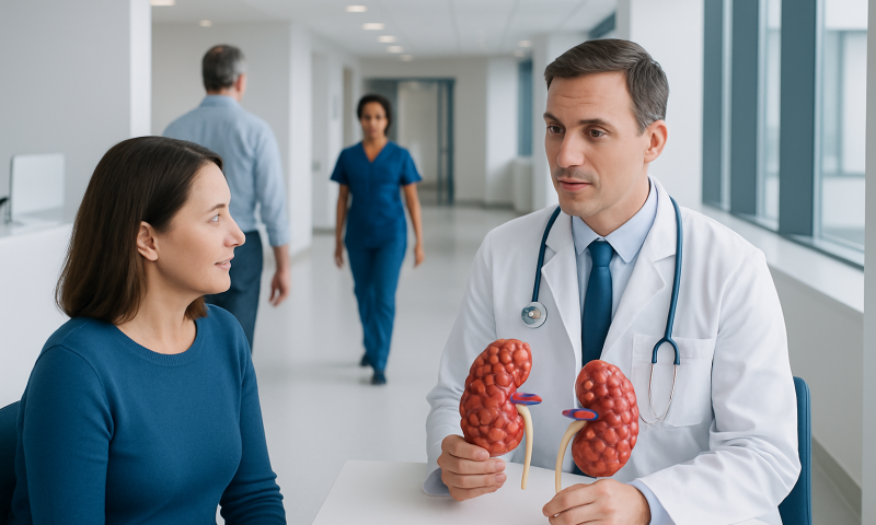 Doctor explaining kidney health to a patient in a hospital corridor.