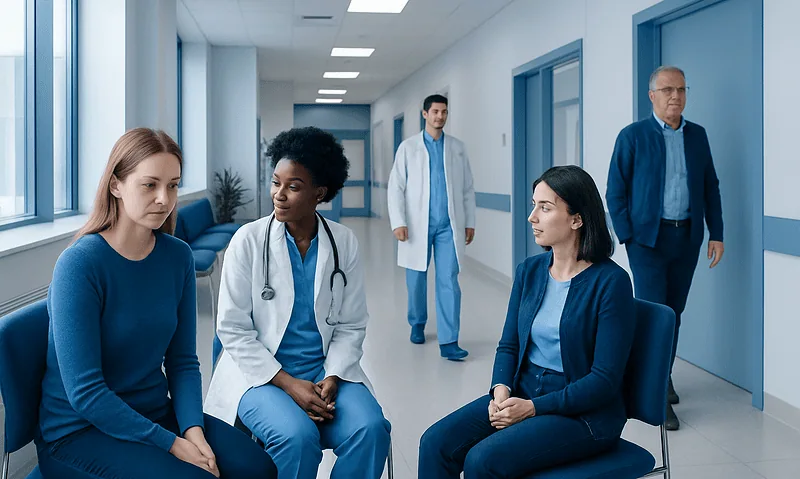 Medical consultation with diverse healthcare professionals in hospital corridor.