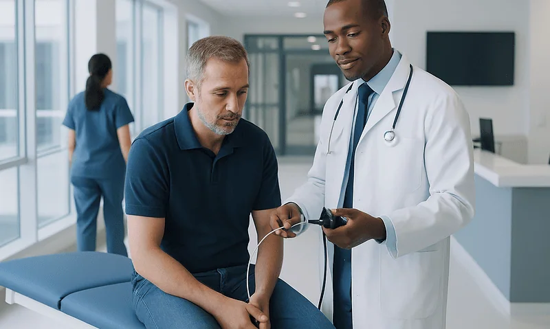 Doctor explaining medical device to patient in hospital setting.