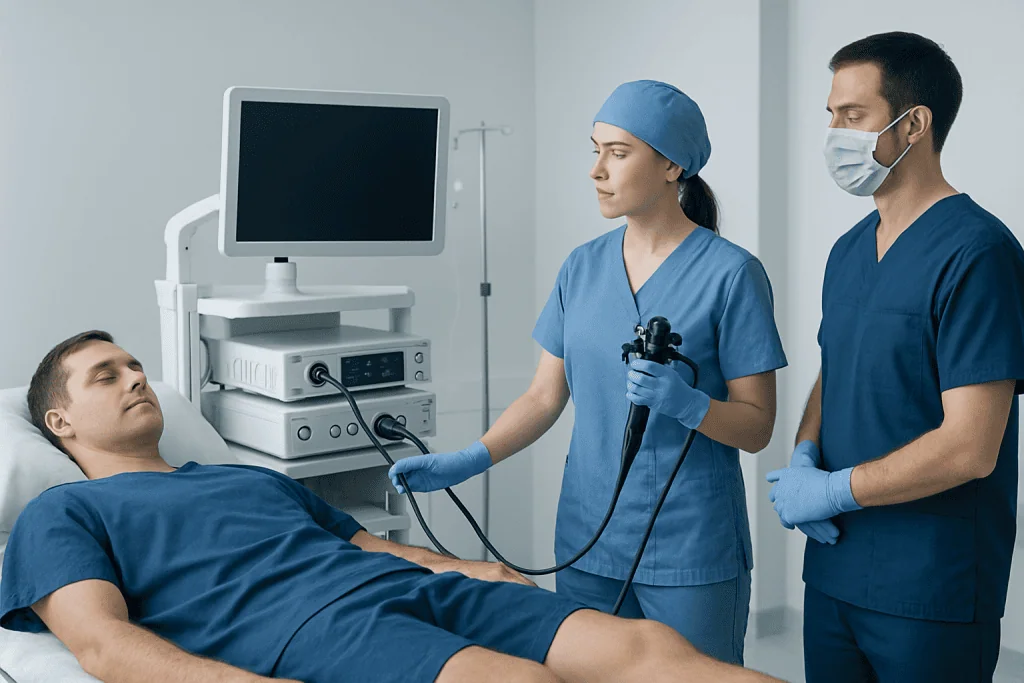 Medical professionals perform cystoscopy on a patient in a hospital setting.